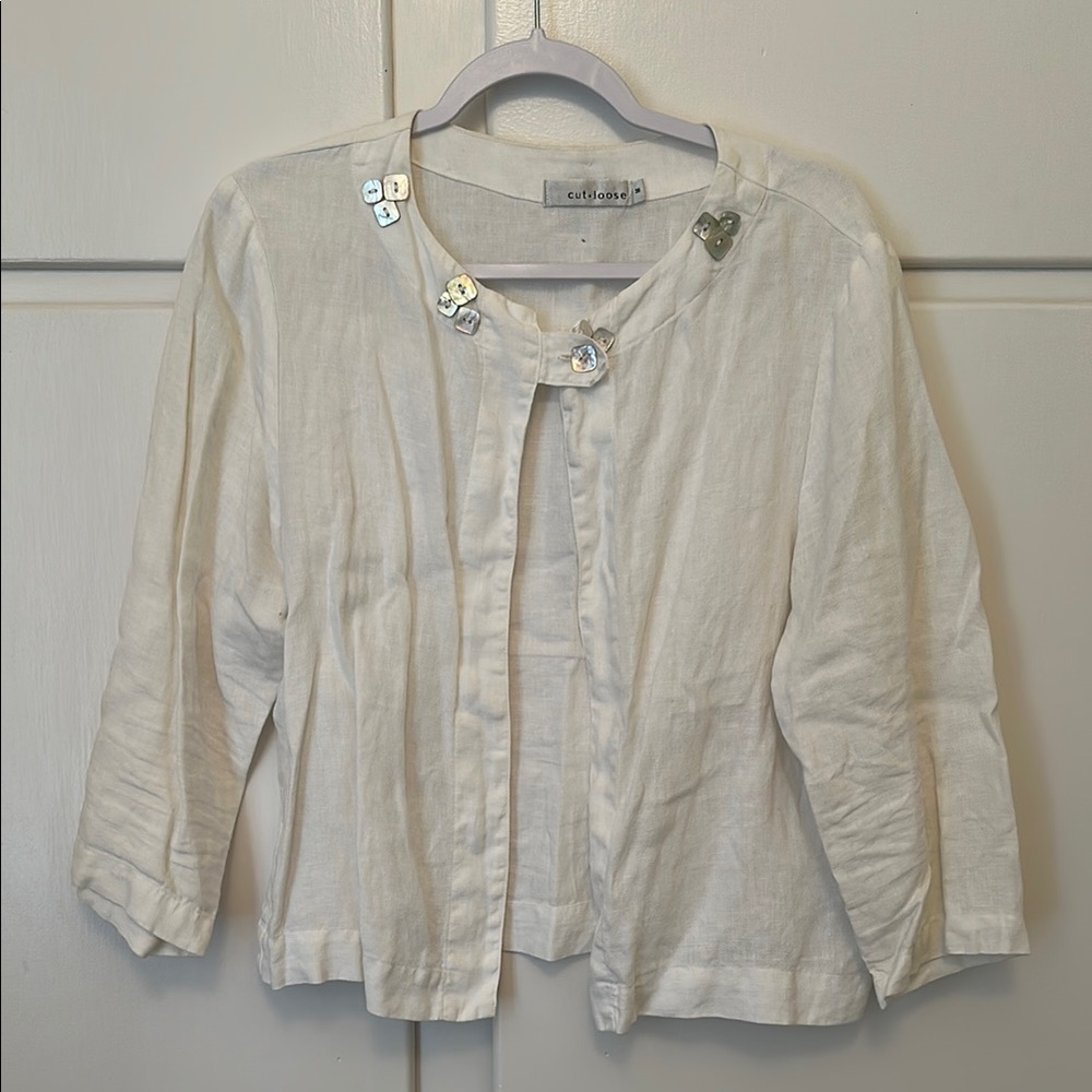 100% Linen Mother of Pearl Button White Button-Embellished Cardigan